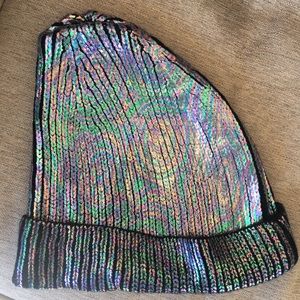 Iridescent rainbow oil spill beanie